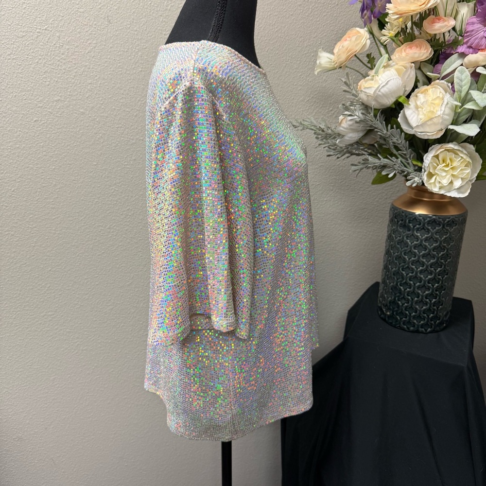 Cherish Holographic Sequin Mesh Top | Iridescent Party Holiday Blouse - Picture 4 of 6